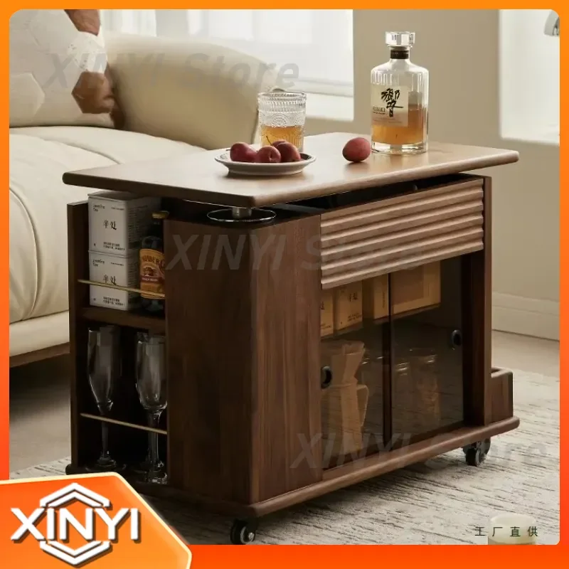 Tea Table for Living Room Black Walnut Rotating Coffee Table Movable Small Side Table Sofa Trolley Cabinet Modern Minimalist