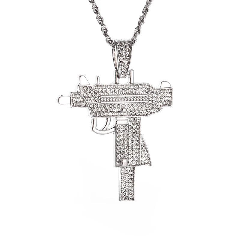 Cubic Zirconia Uzi Colar de Pingente para Homens e Mulheres, Arma Metralhadora, Presente Criativo Jóias, Rock e Hip Hop, Moda, Submachine