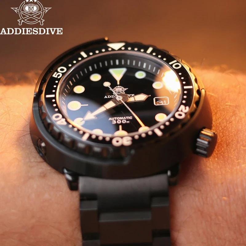 

ADDIESDIVE NH35 Автоматические механические часы Мужские часы с сапфировым стеклом 300 м Дайвинг C3 Супер светящиеся наручные часы с календарем