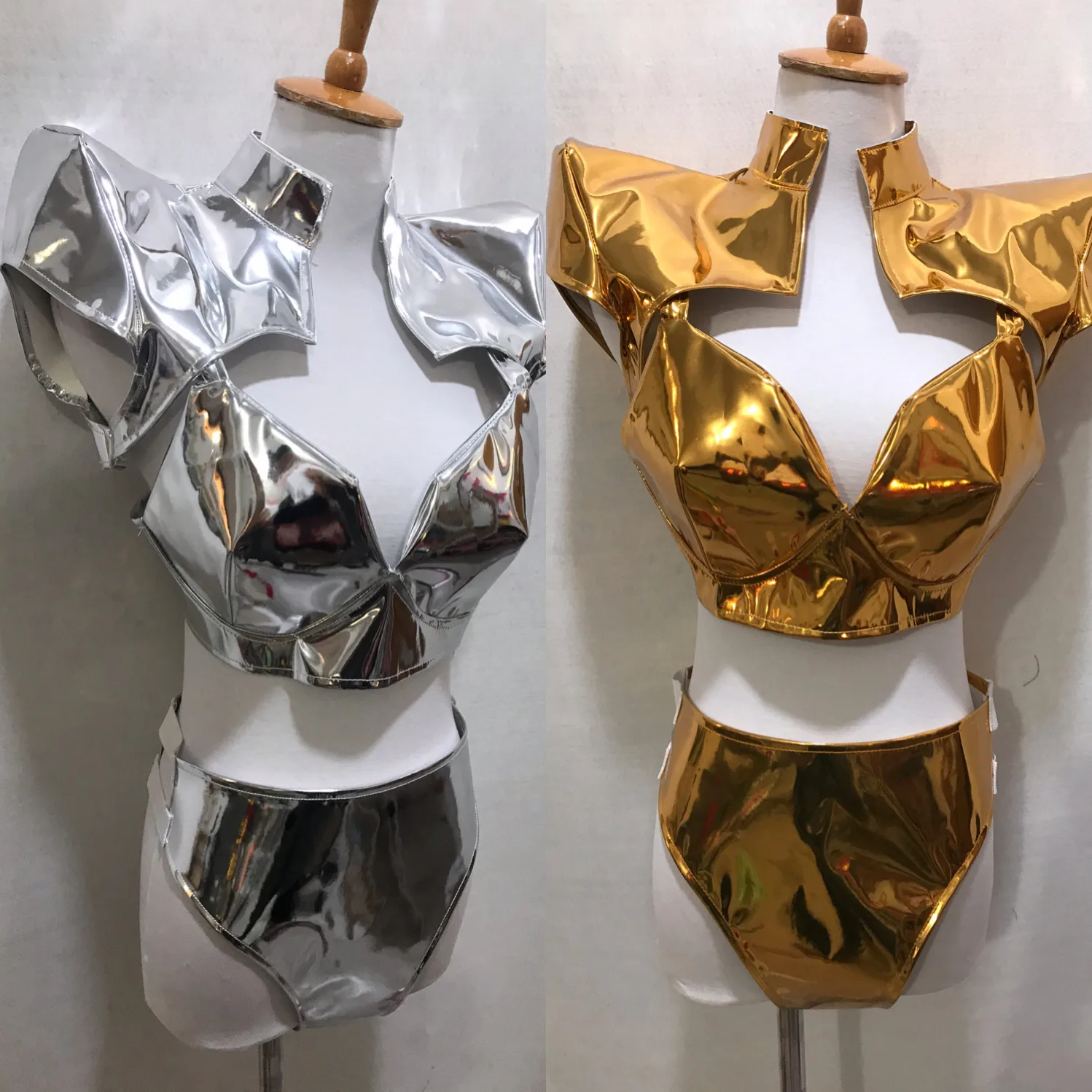 

Bar Nightclub Gogo Dance Costume Gold Silver Patent Leather Bikini Vest Rave Outfits Female Jazz Dancer Team Performance Clothes