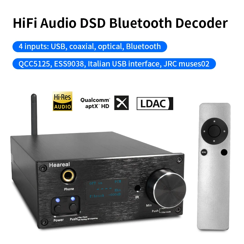 

Hi-Fi Bluetooth-приемник-декодер 5.1 с ЦАП ES9038, поддержкой LDAC, оптическим, коаксиальным и USB-входами для систем усилителей мощности