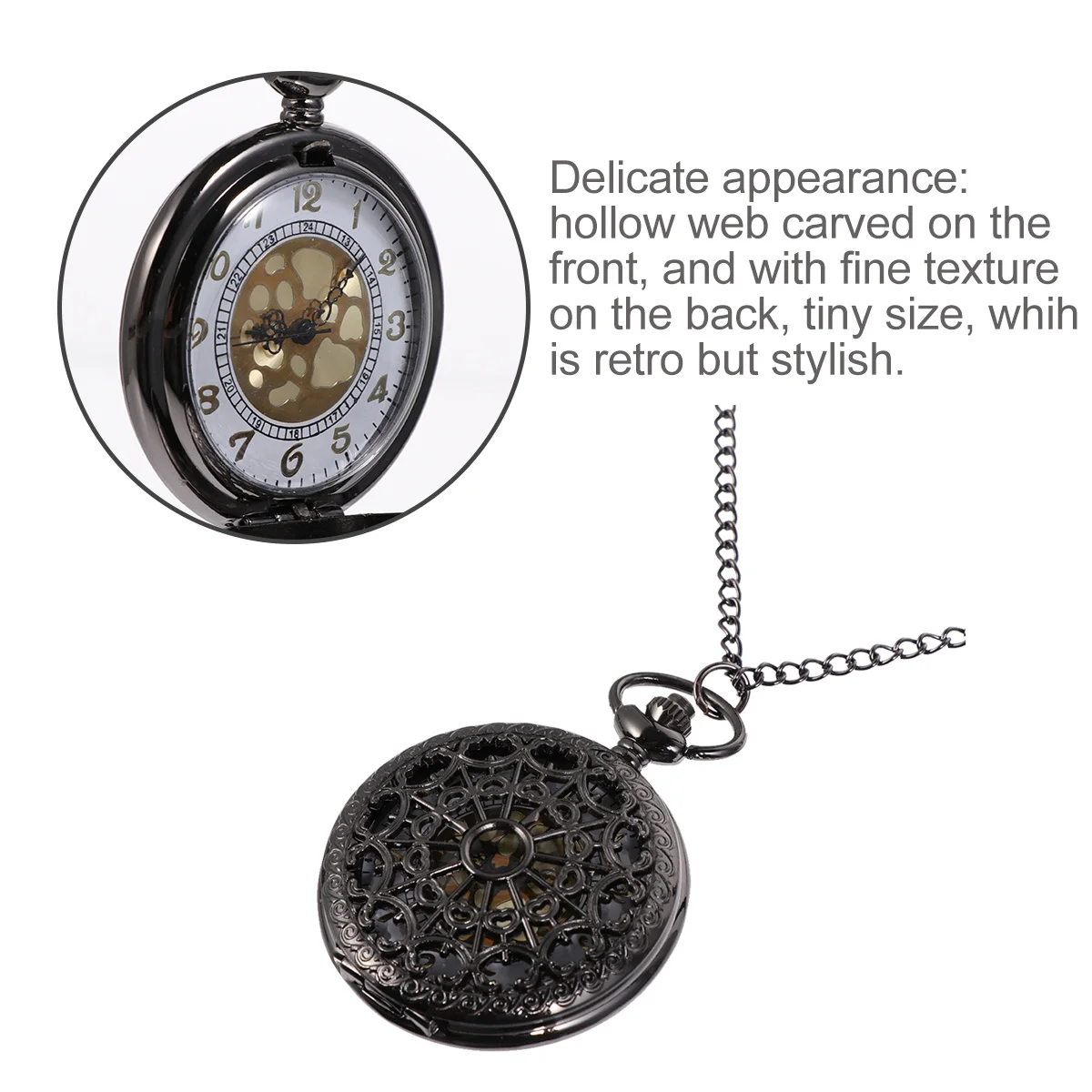 ساعة جيب مجوفة بتصميم عتيق باللون الأسود مع عدسة شفافة وسلسلة رفيعة وساعة كوارتز كلاسيكية هدية للرجال والنساء #2