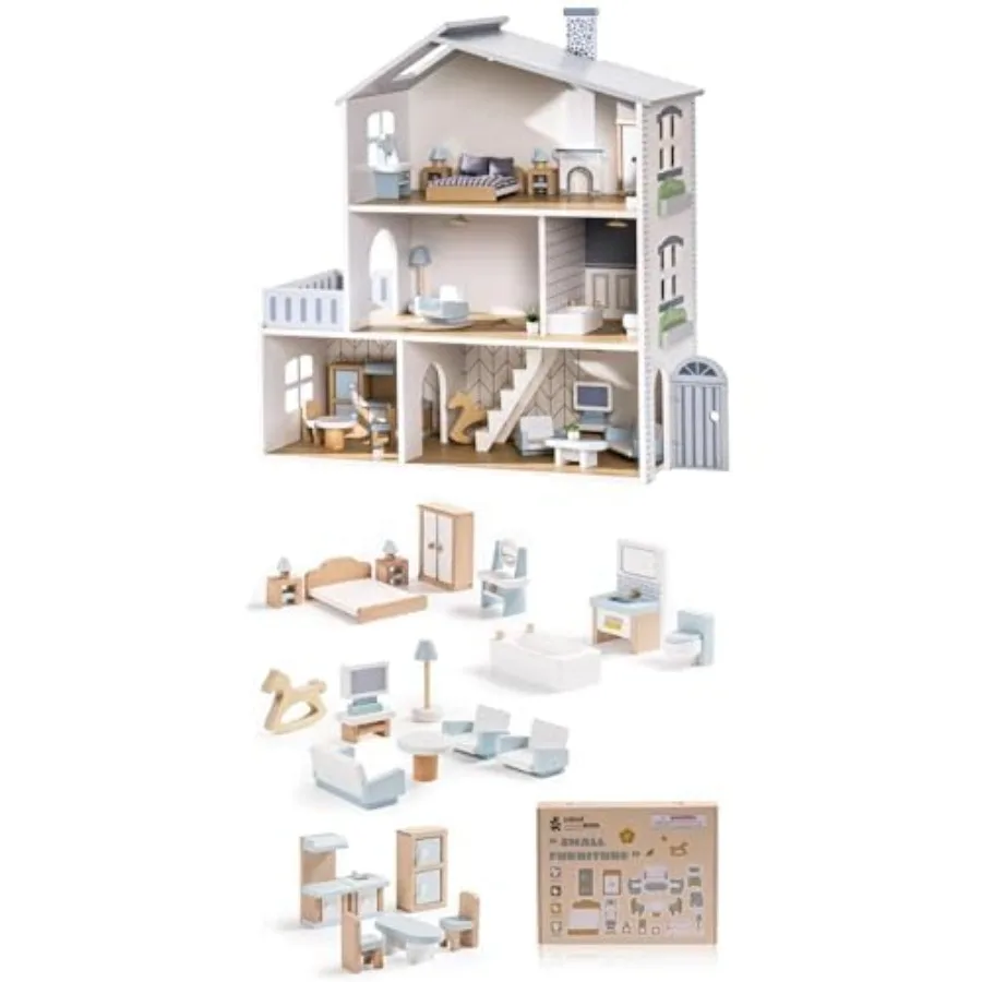 Doll House, Wooden Dollhouse with 6 Rooms, 29-pcs Realistic Accessories, Dollhouse Playset Gifts for Kids & Toddlers, Nordic Sty
