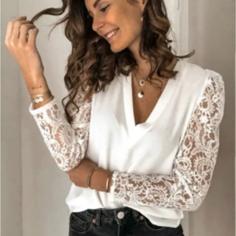 

Elegant Office Ladies White Collared Lace Patchwork Hollow Out Button Up Womens Tops 2025 Fashion Sexy Women's Blouse
