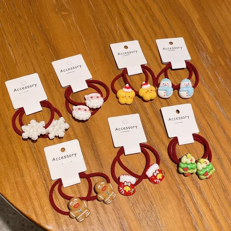 14pcs/lot Christmas Hair Ties Santa Gingerbread Snowflake Elastic Ponytail Holder Kids Gift Family Xmas Hairstyle Accessory ZY07