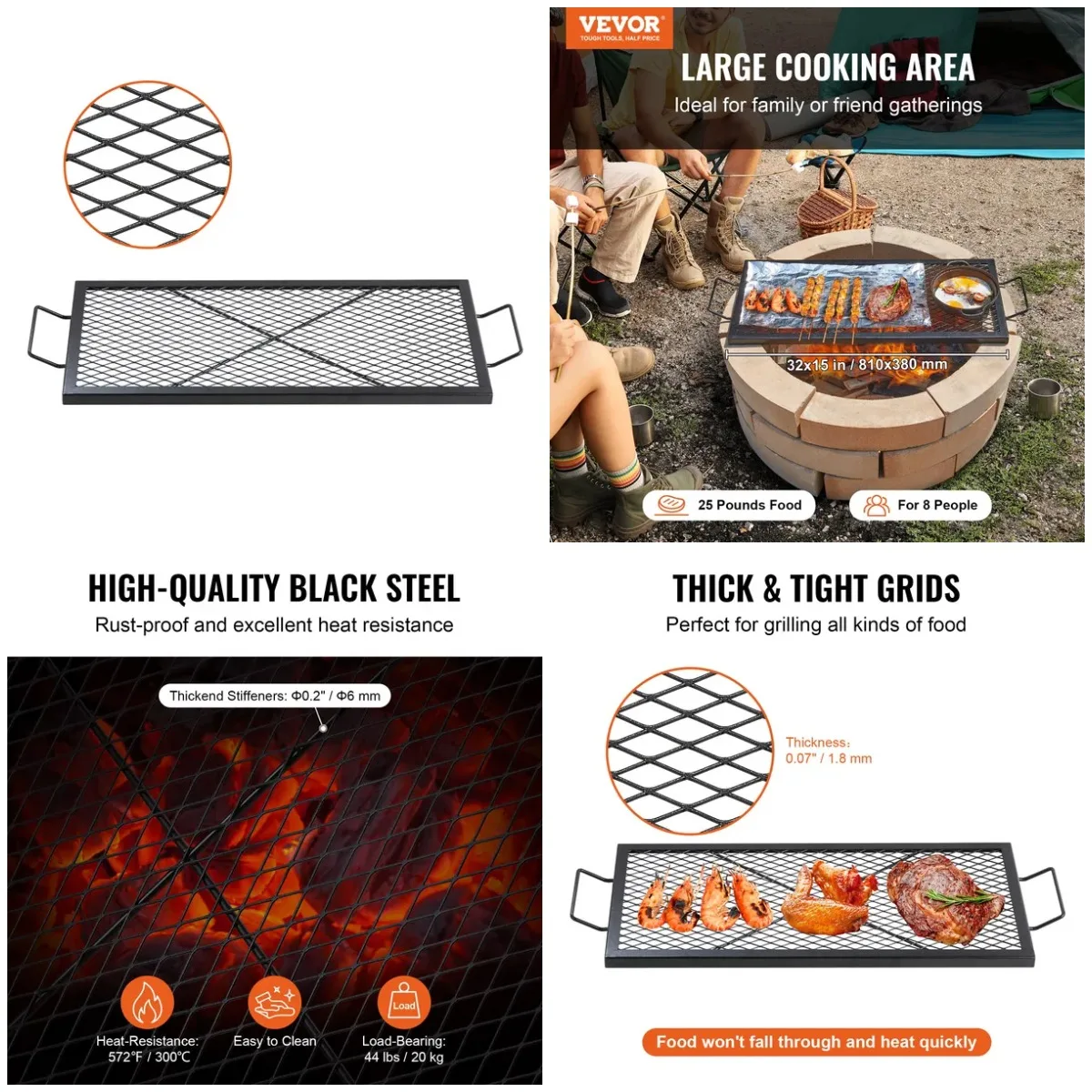 

Решетка для гриля X-Marks, 32 фута, сверхмощная стальная решетка для барбекю с ручкой и опорной проволокой, портативная посуда для кемпинга на открытом воздухе