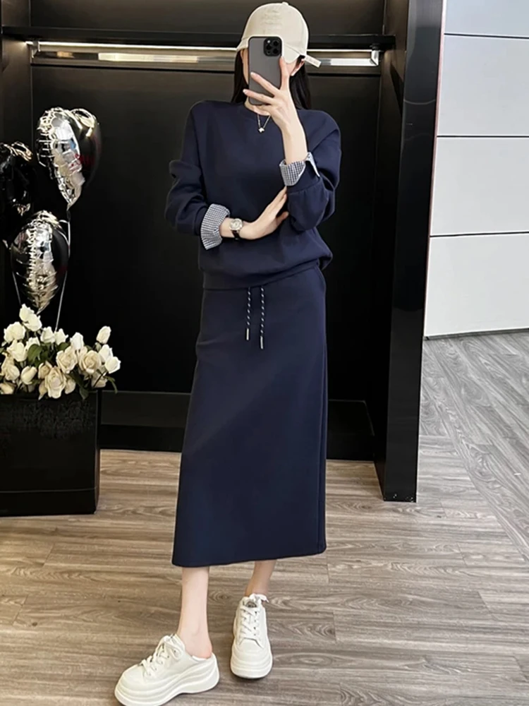 패셔너블 캐주얼 여성복 2025 봄 가을 신상 소형 사이즈 한국 스타일 다용도 스웨트셔츠 스커트 투피스 세트