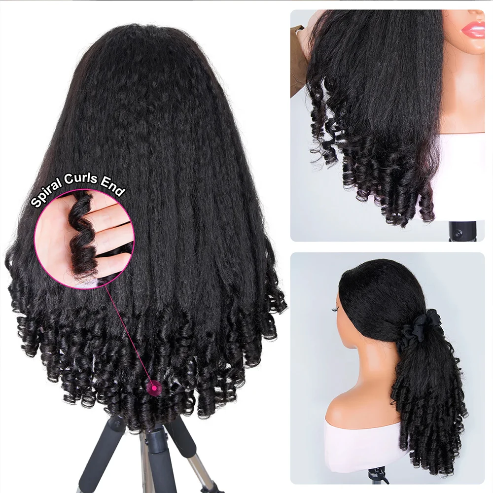 Kinky Straight Burmese Curly Half Wig Human Hair Glueless Wig 3 IN 1 Half Wig Clip Drawstring Kinky Straight Glueless Half Wig