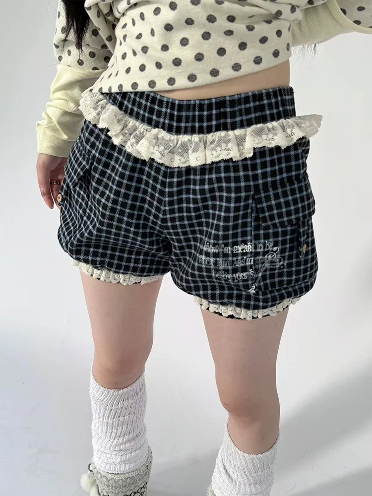 

Новые женские шорты в стиле Y2K: винтажные, в клетку, с кружевными вставками, свободного кроя, в японском стиле Kawaii, повседневные, в стиле преппи