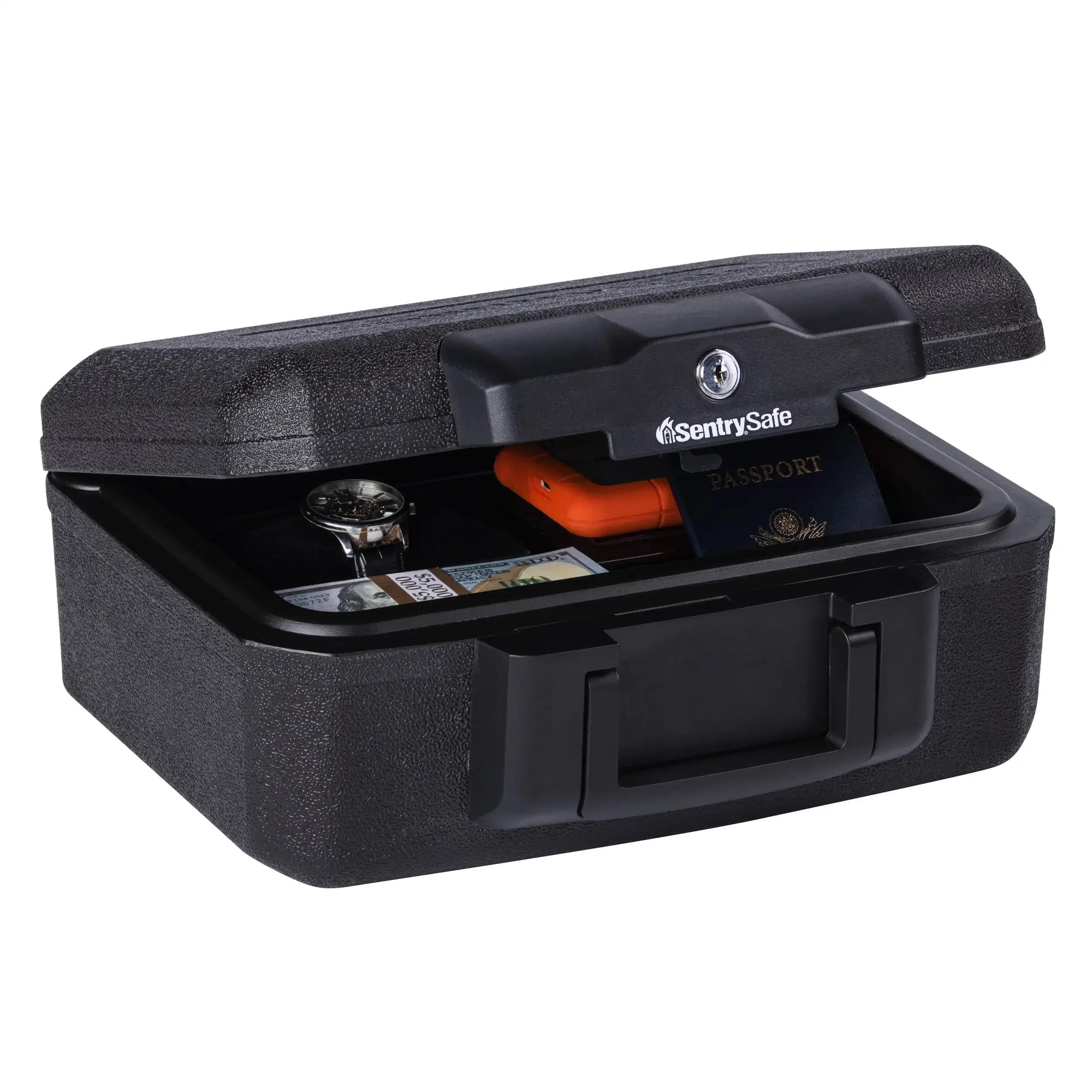 1200 Fire-Resistant Box Safe with Key Lock 0.18 Cu. Ft., Black safe has a built-in convenient handle for easy carrying.