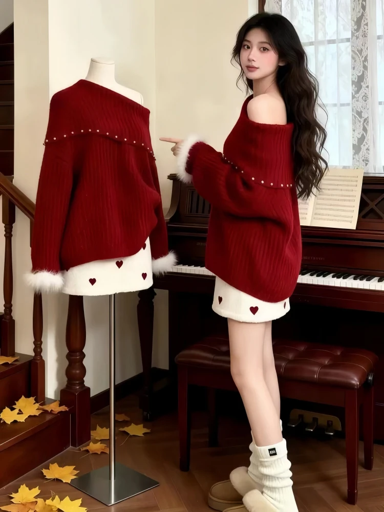 

Sle Winter Korean Sweet Red One oulder Knitted Sweater And Skirt Two Piece Set Faionable Breathable Polyester