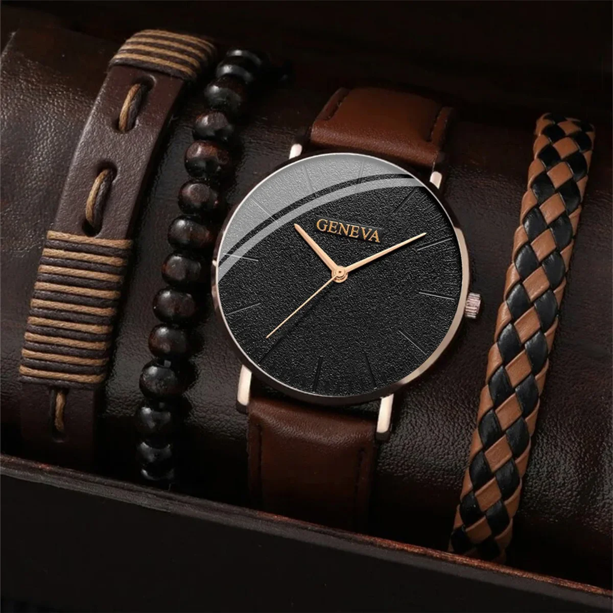 4pcs Luxury Black Quartz Watch with Bracelet for Men Casual Fashion Round Dial Watches Daily Sport Quartz Wristwatches Leather