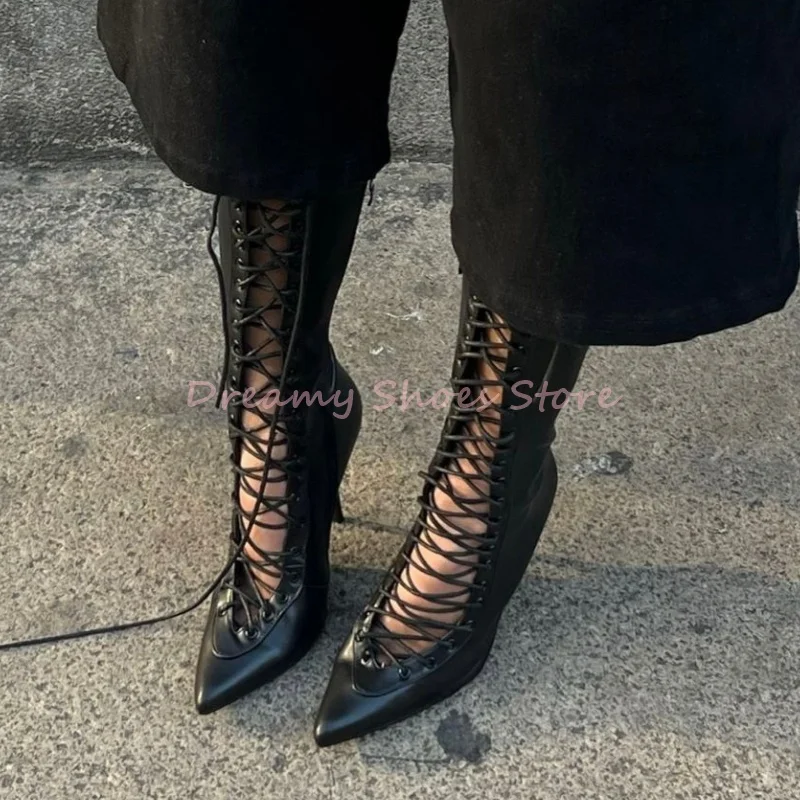 

Кожаные ботильоны на шпильке с полым перекрестным ремешком, женские полусапожки с сетчатой боковой молнией и шнуровкой, модные пикантные остроконечные туфли в стиле вестерн