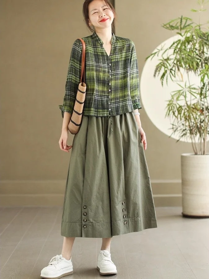 2023 Nieuwe Zomer Retro Artistieke Puur Katoen Casual Broek Vrouwen Elastische Taille Achttien Pendelen Wijde Pijpen Casual Rok Broek