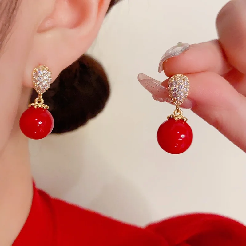 New Year   Simple Water Drop Red Pearl Earrings  Elegant Gentle Earrings