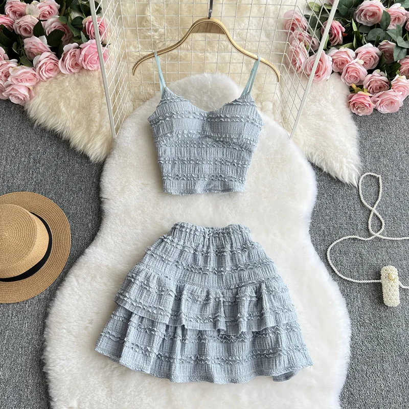 

Korean Style Sweet Lace Camisole Sexy Short Ruffled Skirt Age-Reducing Fake Two-Piece Suit