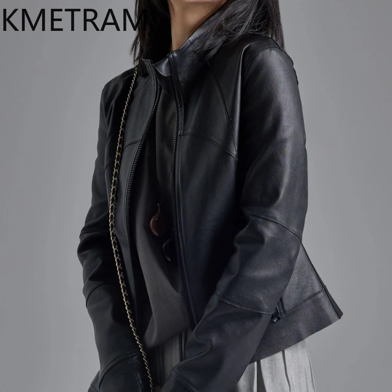 KMETRAM-Chaqueta de piel de oveja 100% Natural para mujer, chaqueta de cuero auténtico, ropa ajustada negra de alta calidad, abrigo corto de otoño 2025
