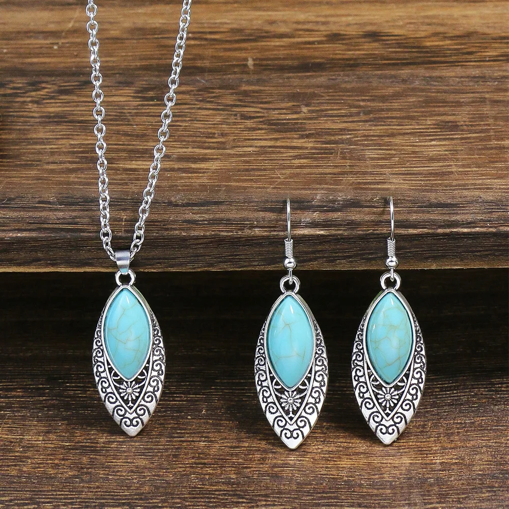 Ethnic Boho Turquoises Necklace Earring for Women Vintage Silver Plated Carved Flower Dangle Earrings Indian Jewelry Gift