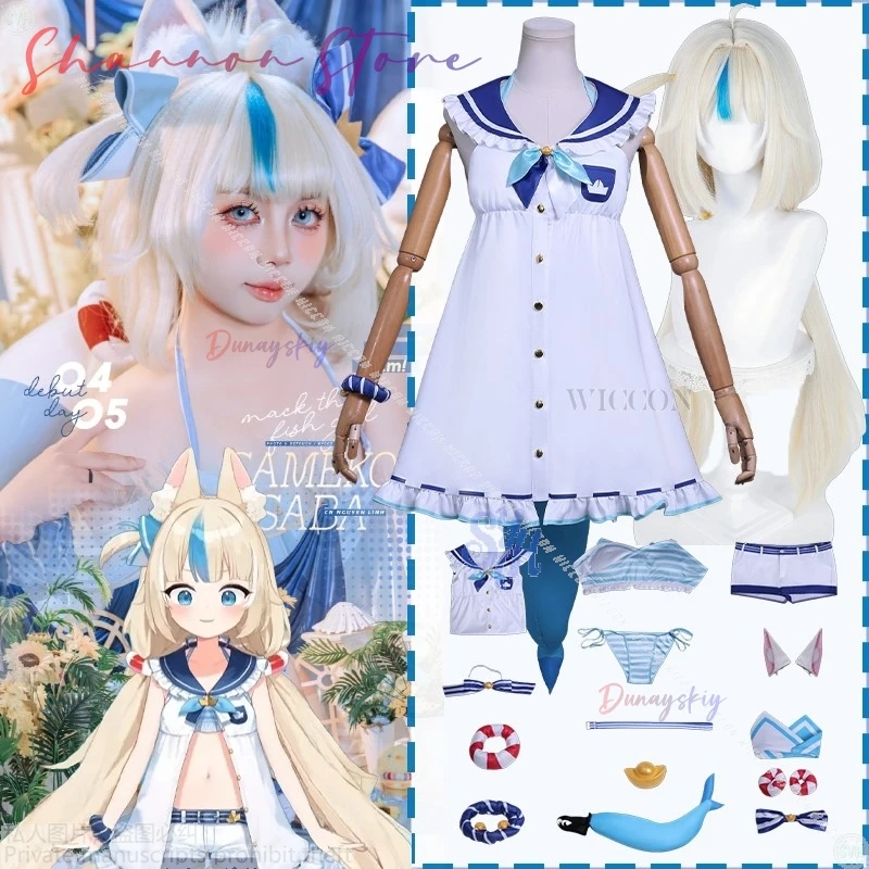 

New Vtuber Samekosaba Costume Kawaii Light Blue Sailor Suit Anime Youtuber Gura Cosplay JK Lovely Dress Tail Bikini Halloween