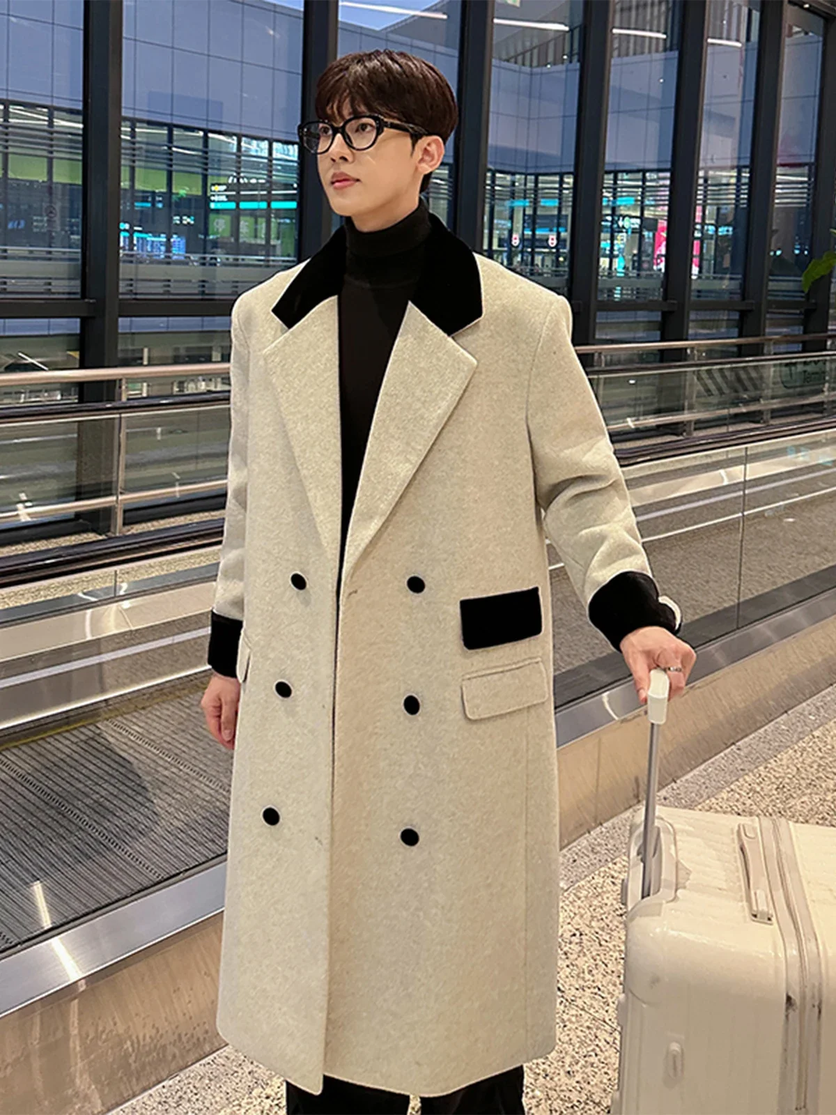 2024 Autumn Winter New Fashion Long Sleeve Contrast Color Woolen Coats Men's High-end Medium Long Suit Collar Trench Coat Blends