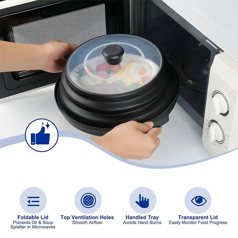 Collapsible Microwave Ovent Splatter Cover for Food with Tray Vented Silicone Splatter Guard Lid Plate Holder Kitchen Colander