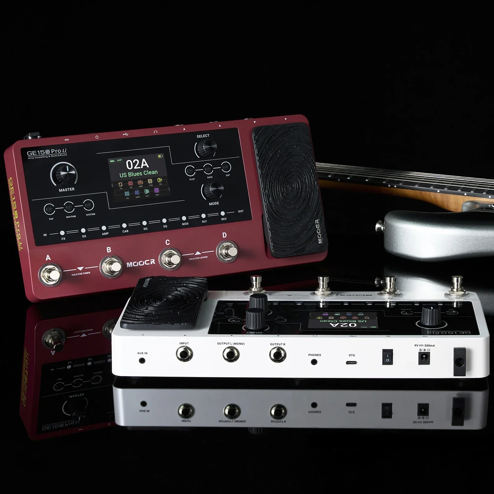 Mooer guitarra multi efeitos pedal ge150 pro/pro li amplificador de guitarra modelagem embutido 9 horas bateria 4 footswitche ir carregador