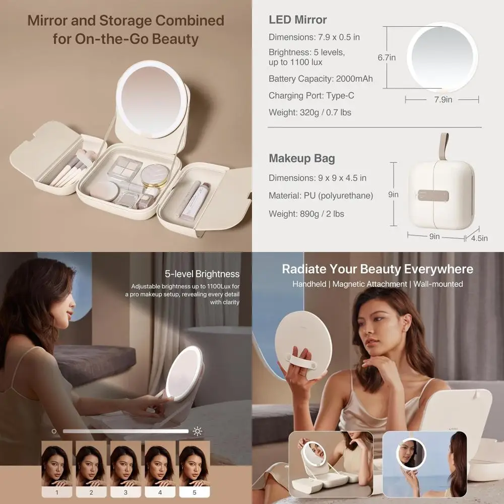 Portable 5-Level Brightness 3-Color LED Mirror Makeup Bag, White, Travel & Artist Organizer