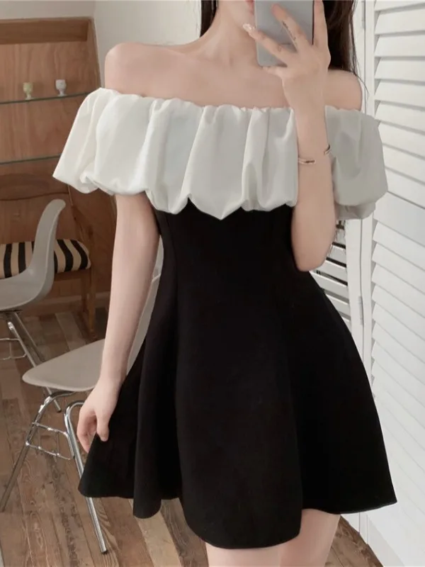 Rétro une épaule Hepburn Sle Design Sensation Small ence Jupe ort d'été pour femmes Dr Polyester doux Taille haute G...