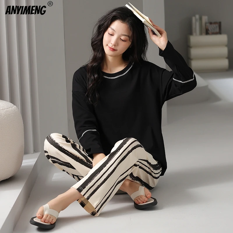 Pure Cotton Women Pajamas Autumn Winter Heart Print Pajama Long Sleeves Pijamas Round Collar Woman Pyjama Causal Sleepwear