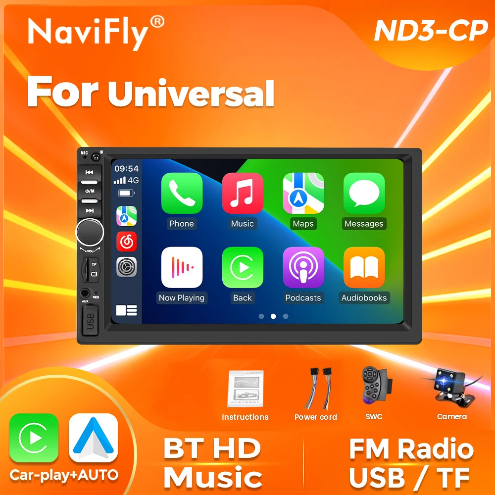 

Navifly 2Din 7-дюймовый универсальный автомобильный мультимедийный плеер FM-радио USB/BT/SWC Поддержка зеркала Lin-K TF-карта Carplay Android Auto Radio
