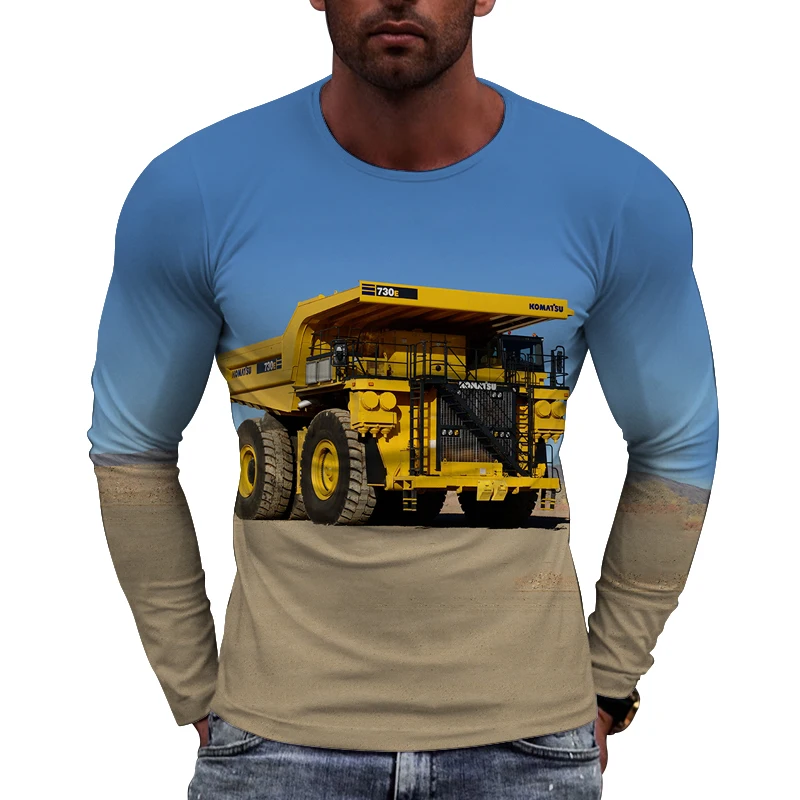 Heavy Engineering Truck Printed Men's T-Shirt Tough Guy Style Driver Quick Drying Work Clothes Personality Long Sleeve Clothing