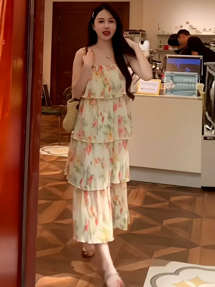 

Summer New Chiffon Feminine Suspended Long Dress Sleeveless Sweet Printed 4-Layer Ruffles Edge Flowy Fairycore Gentle Vestidos