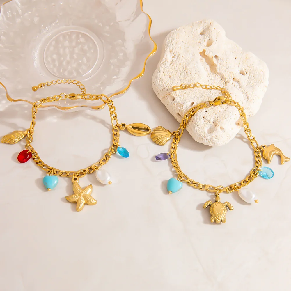 

Fashionable and Simple Stainless Steel Inlaid with Zircon Butterfly Starfish Sea Turtle Pendant Non Fading Bracelet