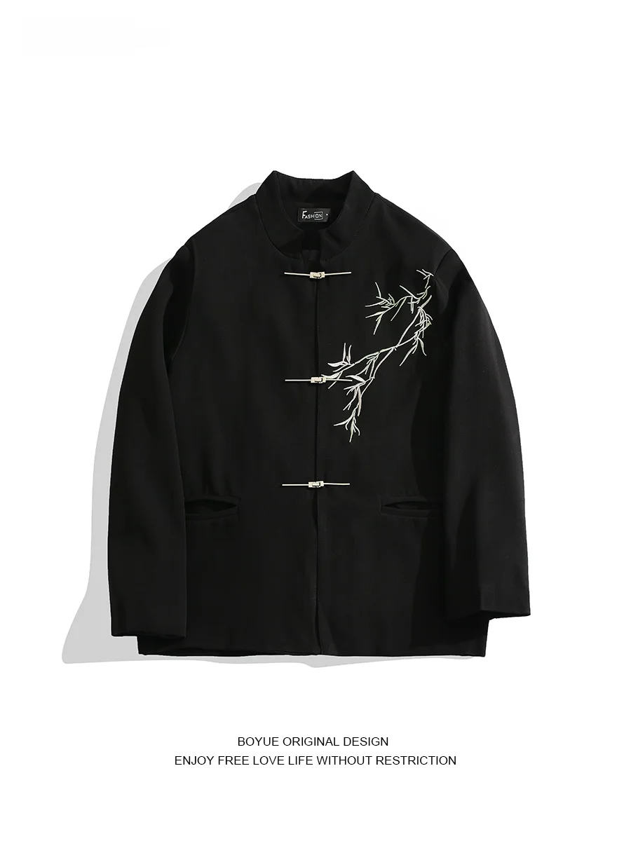 

Boyue Bamboo Le Embroidery Jaet Men's Youth Chinese Sle Tang Suit Coat Metal Button Spring Season Plant Floral Pattern