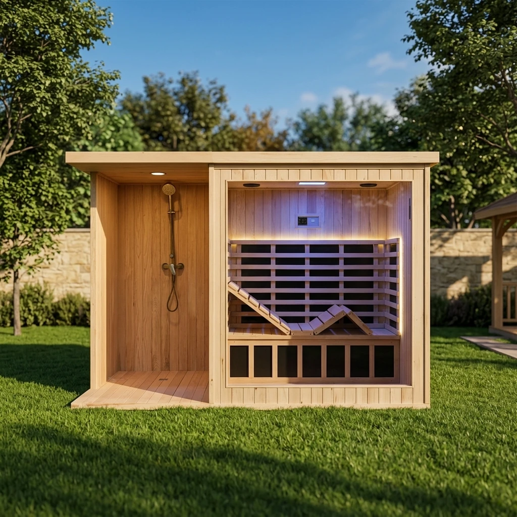 Far Infrared Electric Modern Outdoor Sauna Shower Room with Panoramic Glass Premium Red Cedar & Hemlock 2 People Dry Steam