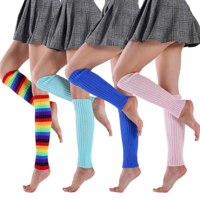 80s 90s Women Girls Knit Skating Leg Warmers Rainbow Striped Long Socks