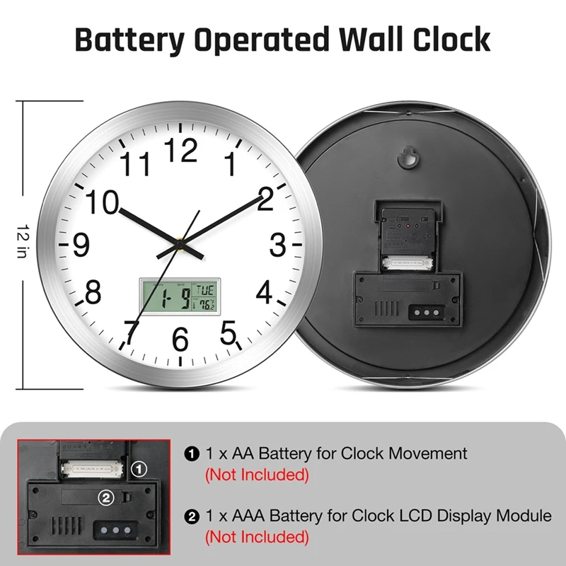 12Inch Atomic Analog Wall Clock With Digital Date,Week,Indoor Temp - Battery Operated Atomic Wall Clock, Auto Set