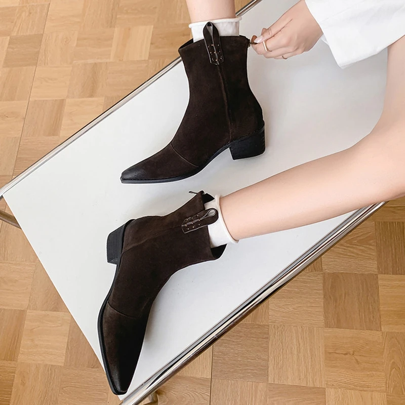 NEW Autumn/Winter Women Boots Split Leather Shoes for Women Pointed Toe Chunky Heel Shoes Zip Western Boots Concise Daily Shoes