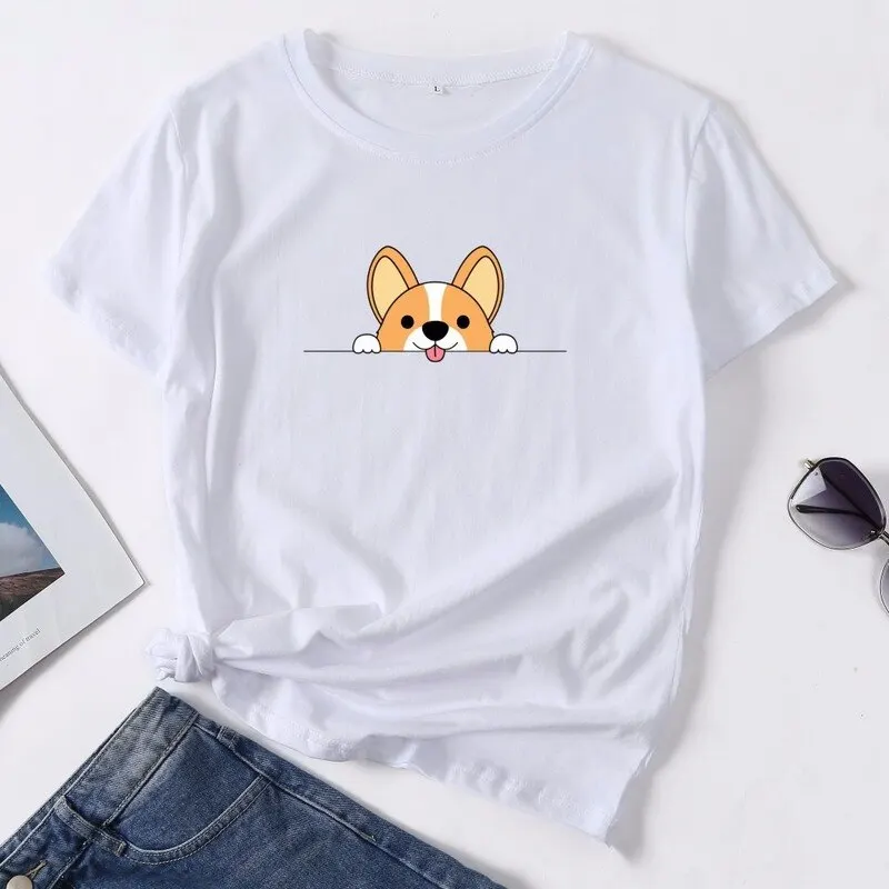 Funny Corgi dog T-shirt Women Kawaii Harajuku Graphic T-shirt 90s Cute Cartoon T-shirt Ulzzang Grunge Korean Tops T-shirt female