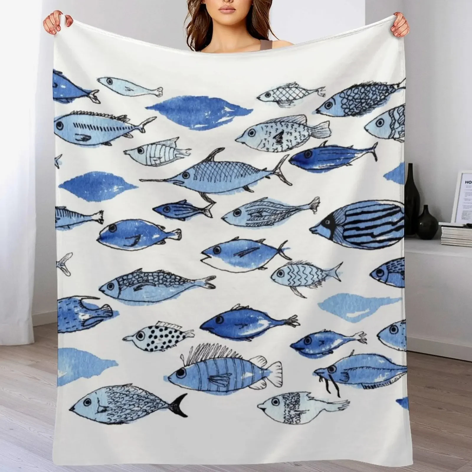 

Blue fishes Throw Blanket Cute Plaid Flannel Fabric halloween Polar Blankets