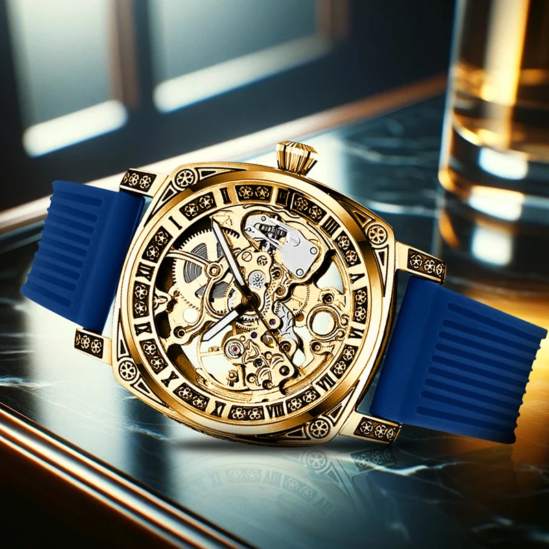 

Мужские синие и золотые механические часы в деловом стиле с тонкой гравировкой и полым ремешком.