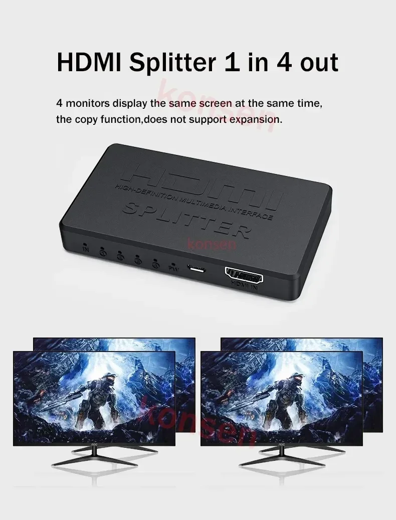 4Kx2K HDMI Splitter 1 in 4 out HDMI Video Distributor 1 Signal to 4 Screen Duplicate Display Amplifier for Xbox DVD TV PC Laptop