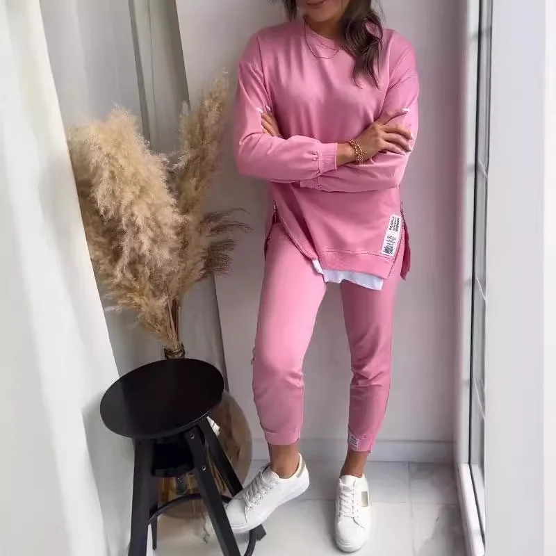 Women Elegant Patchwork Sport Casual Solid Loose Sweatshirt 2Pc Sets Fashion O-neck Side Split Pullover & Long Pant Suit