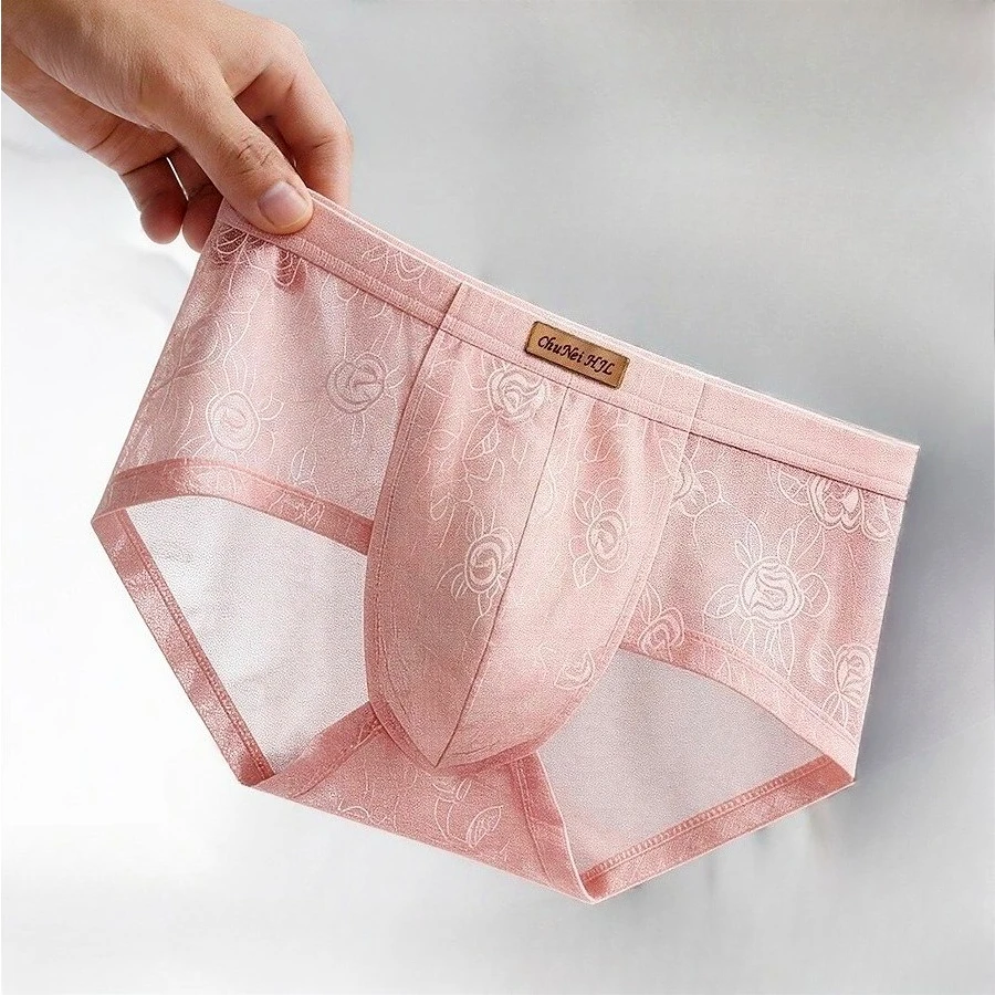 Mens Sexy Erotic Underwear Lace Panties Ropa Interior Hombre Mesh Perspective Mid Waist Pouch Briefs Large Size Quick Drying
