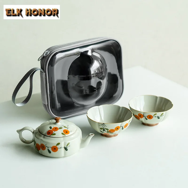 Plant Ash Teapot Hand Drawn Persimmon Portable Travel Tea Set Tea Set Kit Retro 1 Pot 2 Cups Tea Maker Outdoor Stock Bags Craft