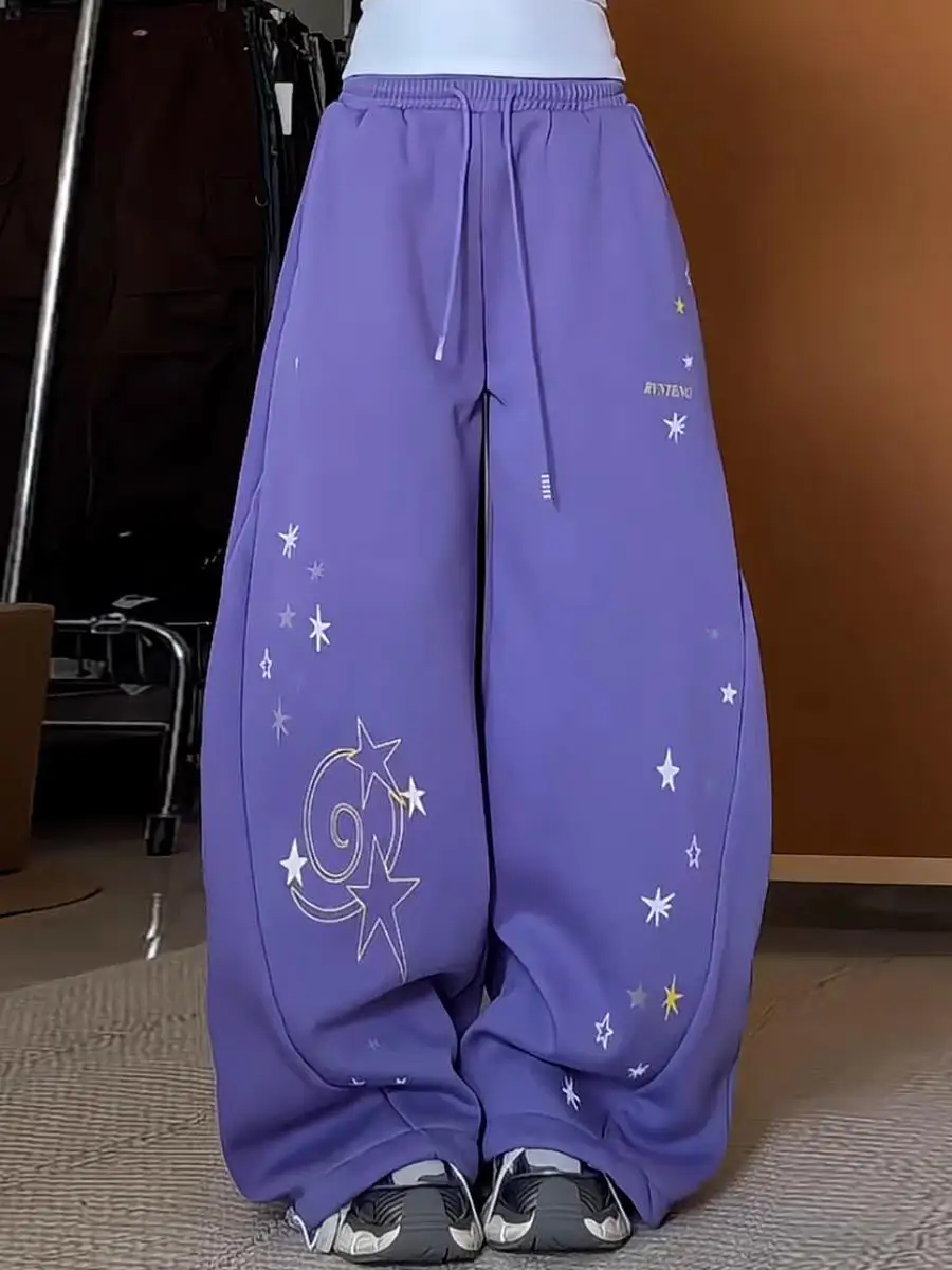 

American Retro Purple Star Print Wide Leg Pants Women Loose Fit Casual Straight Leg Trousers Versatile Comfortable Long Pants