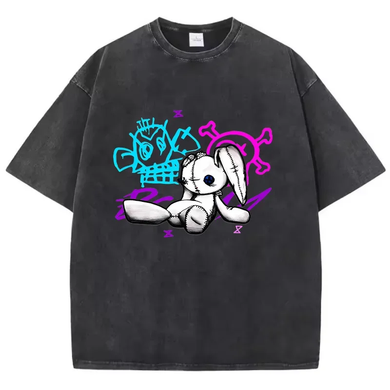 

Graffiti Pattern Washed T-Shirt Retro Men'S Fashion Oversized Round Neck Pure Cotton Short Sleeved American Trend Loose T-Shirt