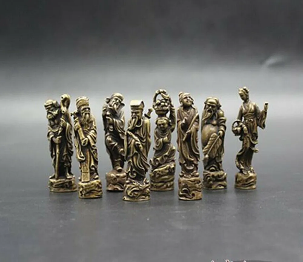 A Set Little Bronze Statues Handmade Brass Eight Immortals Crossing The Sea