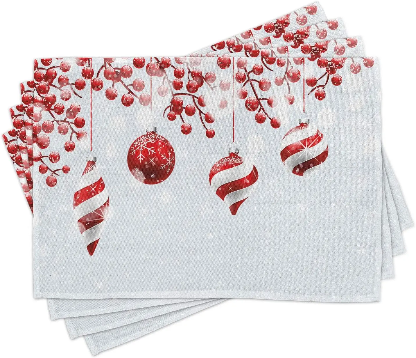 Christmas Place Mats Set of 4 Traditional Design Holly Berry Branches Snow and Bokeh Effect Print Washable Fabric Placemats