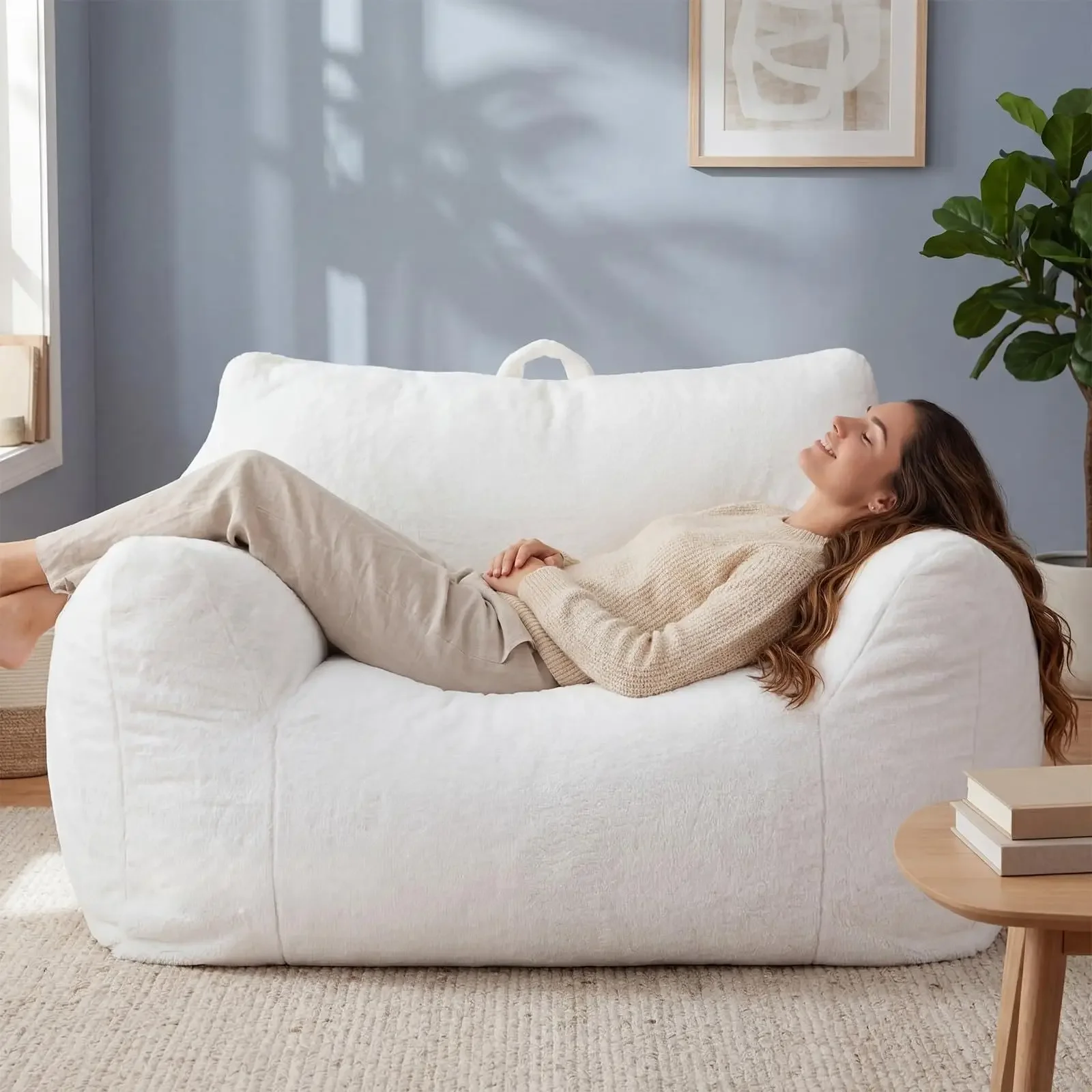 

Velvet Bean Bag Chair Cover For Adults With Armrests And Back Support Creamy White